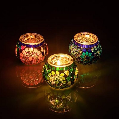 Handmade Multicolor Mosaic Glass Tealight Candle Holders Set