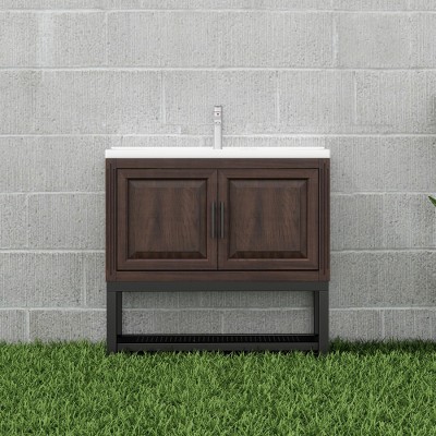Lyngins Bathroom Vanity with Sink & Aluminum Gunmetal Faucet, Freestanding Bathroom Cabinet with Storage Doors & Open Iron Shelf for Outdoor-Ready