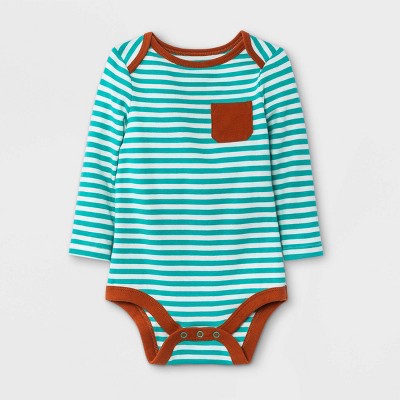 Image of Baby Boys' Striped Long Sleeve Bodysuit with Pocket - Cat & Jack™ Jade Green 0-3M