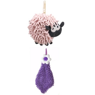 REGALWOVEN Flower and Sheep Shape Absorbent Fast Drying Chenille Hand Towels with Hanging Loop 6" x 15"/7" x 7" 2 Packs