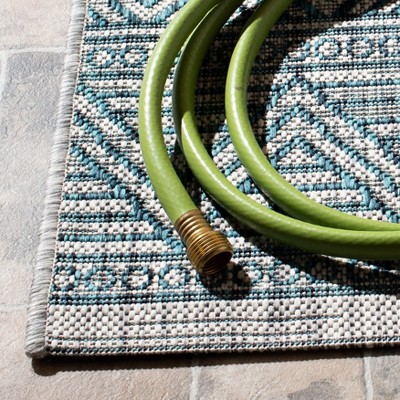 Grey and Teal Square Synthetic Indoor/Outdoor Rug