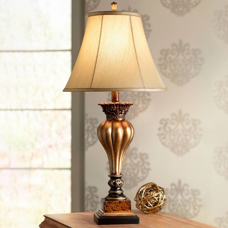 Regency Hill Senardo Traditional Table Lamp 30" Tall Gold Vase Silhouette with Fluting and Floral Tan Bell Shade for Bedroom Living Room Bedside Home, 2 of 10