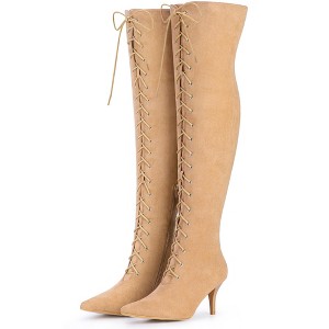 Allegra K Women's Pointed Toe Lace Up Stiletto Heel Over the Knee High Sock Boots - 1 of 4