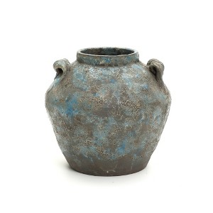 LuxenHome Antiqued Blue & Brown Terracotta Vase with Handles, 11" Round Farmhouse Vintage Pottery - 1 of 4