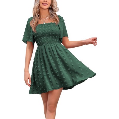 EXLURA Women's Summer Casual Square Neck Dresses Ruffle Short Sleeve Swiss Dot Flowy Mini Dress