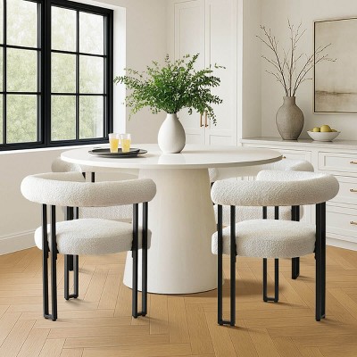 White Dining Set for 4 ,Wood 46" Round Dining Table with Upholstered Boucle Dining Chairs with Metal Legs for Dining Room,Small Space-Tanpinhause