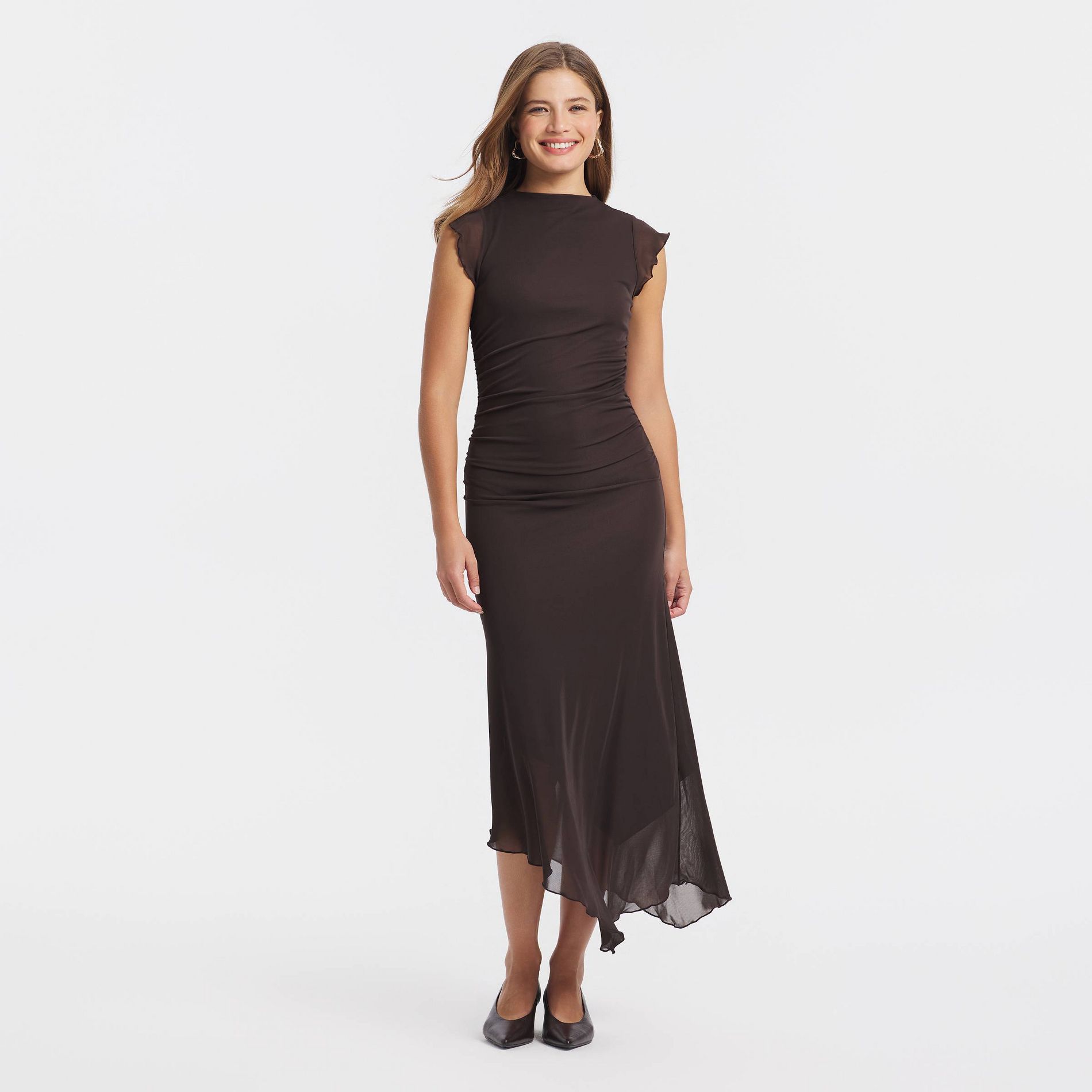 Women's Ruffle Cap Sleeve Ruched Mesh Asymmetrical Midi Dress - A New Day™