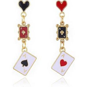 Queen of Hearts Earrings, Asymmetric Red Heart Poker & Clock Drop, Themed Costume Accessories for Women. - 1 of 4