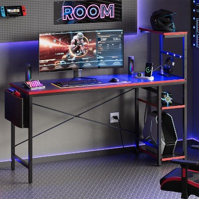 Black Carbon Fiber Gaming Desk with Reversible Shelves and Power Outlets