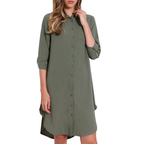 Женские платья INSPIRE CHIC Women's Casual 3/4 Sleeve Collared Lightweight Cover Up Button Down Shirt Dress Army Green X-Small