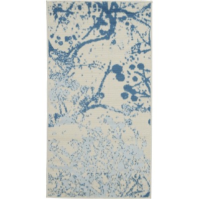 Ivory and Blue Abstract Synthetic 2' x 4' Easy-Care Area Rug