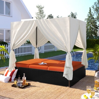 Outdoor Patio Wicker Adjustable Sunbed Daybed with Cushions, Orange-ModernLuxe