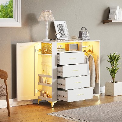 PAKASEPT 4 Drawers Dresser with Jewelry Cabinet, Wood Chest of Drawer with Clothes Rack, Charging Station & LED Lights