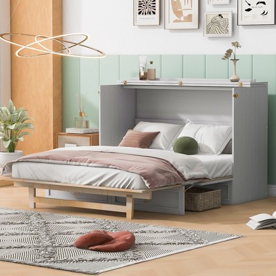 NicBex Queen Size Murphy Bed 80.2" Wooden Frame Murphy Bed Queen Morden Hideaway Wall Bed with Top Shelf and Spacious Drawer for Apartment