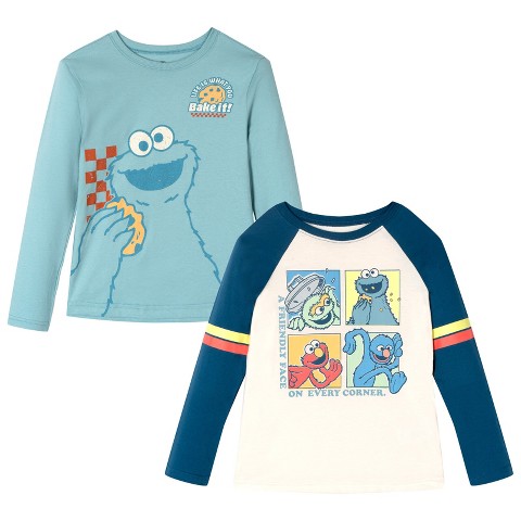Sesame Street Little Boys 2 Pack Raglan Long Sleeve T-Shirts Beige / Teal Blue Cookie Monster 5