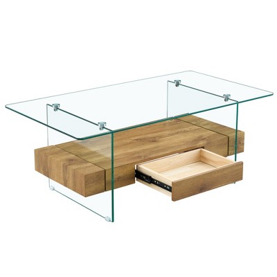 FURNIinspire Coffee Tables 2 Tier with Clear Tempered Glass and  Wood Grain Storage Design for Living Room,  Brown, 43.3"*23.6"*16.7"
