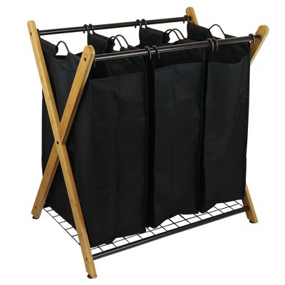 Black Bamboo X-Frame 3-Bag Laundry Sorter with Wire Handles
