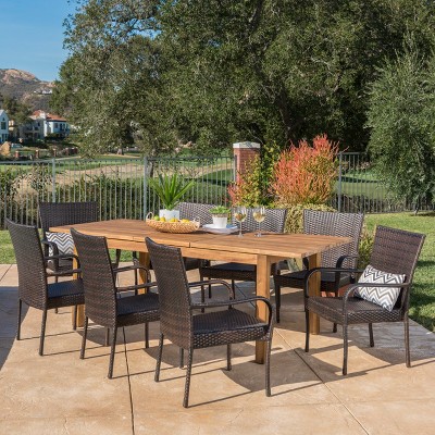 Lambert 9pc Acacia & Wicker Dining Set - Teak/Brown - Christopher Knight Home