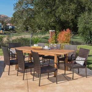 Lambert 9pc Acacia & Wicker Dining Set: Expandable, Weather-Resistant - Christopher Knight Home - 1 of 4