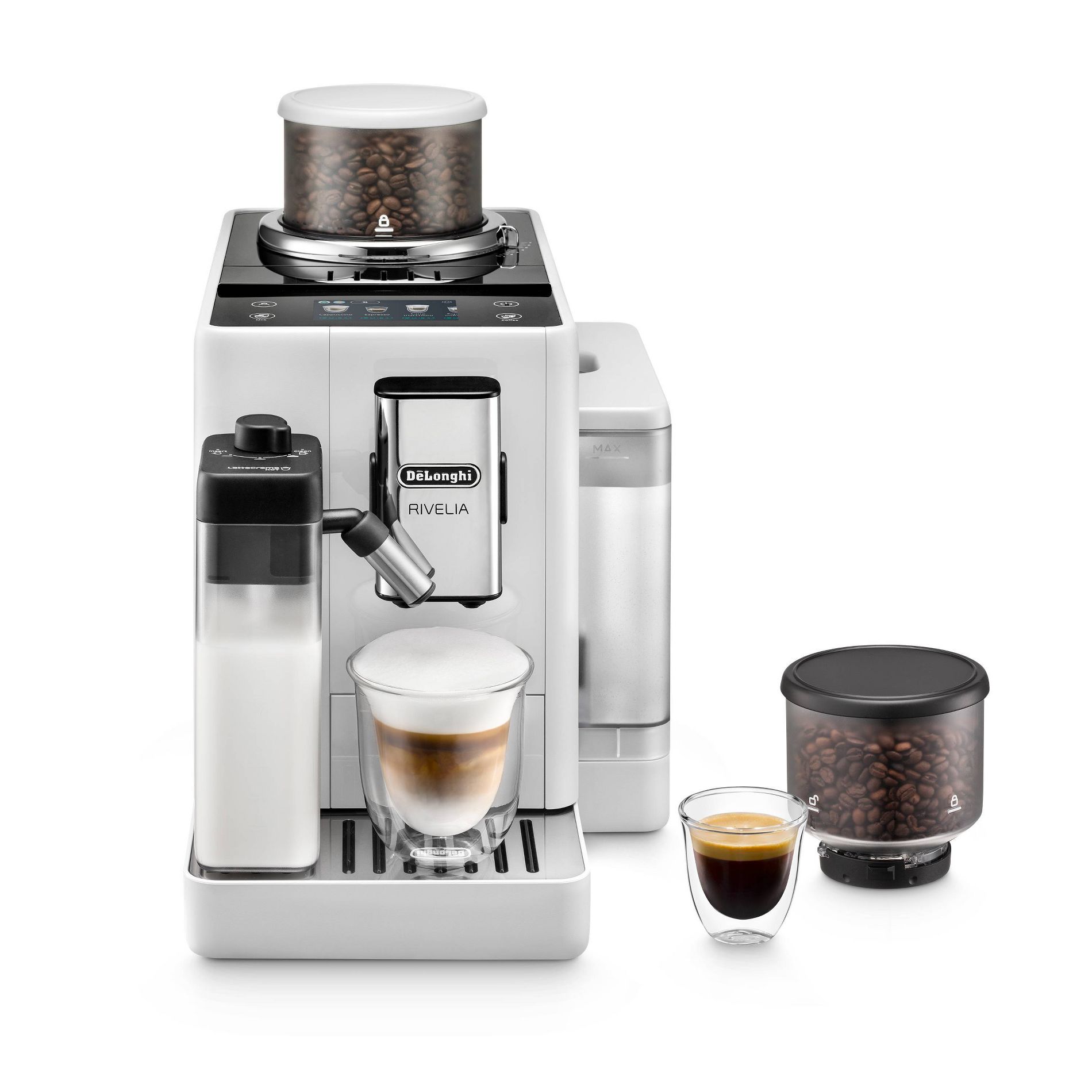 DeLonghi Rivelia Automatic Coffee and Espresso Machine with Milk Frother & Bean Switch System 18 One-Touch Recipes, 4 User Profiles