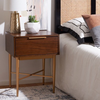 Pierre Sleek Gold Metal and Walnut One Drawer Nightstand