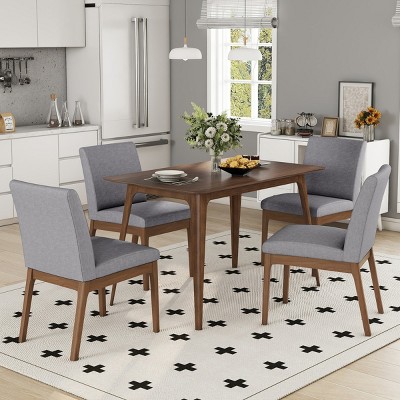 5-Piece Mid-Century Modern Dining Set with Solid Wood Table and 4 Upholstered Chairs, Space-Saving Design for Small Families-Cuddlewood