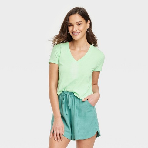 Women's Shrunken Short Sleeve V-neck T-shirt - Universal Thread™ Green L :  Target