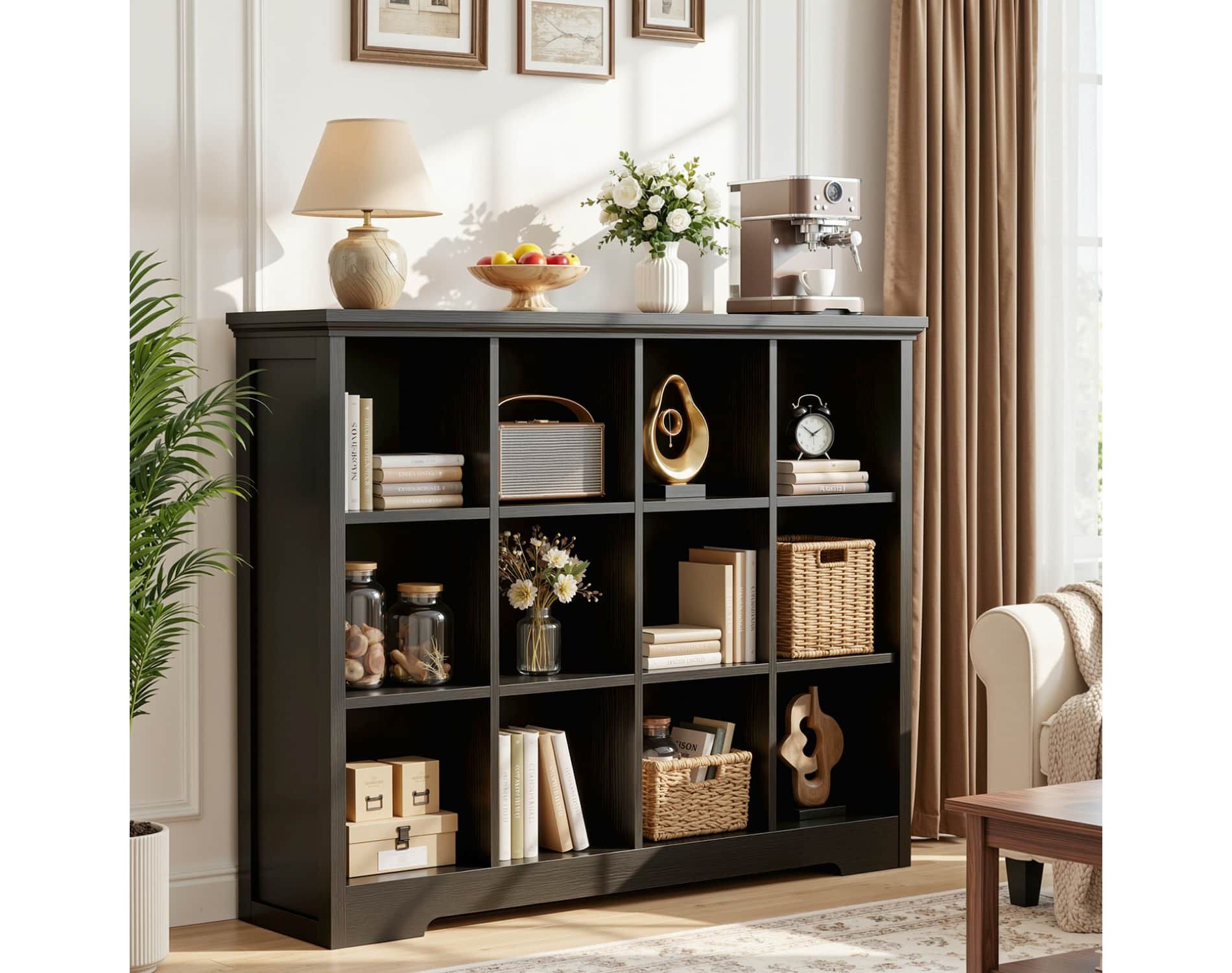 Besiost 12-Cube Bookshelf with Charging Station, Bin Storage Organizer