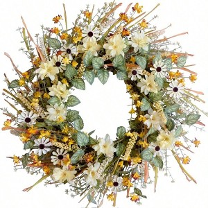 22 Inches Fall Front Door Wreath with Yellow and White Daisies Ear of Wheat Green Leaves Autumn Harvest Home Decor Wall Wreath - 1 of 4