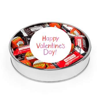 Valentine's Day Sugar Free Candy Gift Tin Large Plastic Tin with Sticker and Hershey's Chocolate & Reese's Mix - By Just Candy