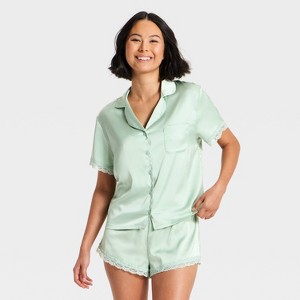 セットアップ Patchwork Pique Tee/Short Women's Lace Trim Satin Short Sleeve Notch Collar Shirt and Shorts