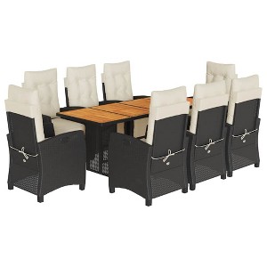 vidaXL 9 Piece Patio Dining Set with Cushions - Black Poly Rattan Outdoor Garden Furniture with Acacia Wood Tabletop and Adjustable Footrests - 1 of 4