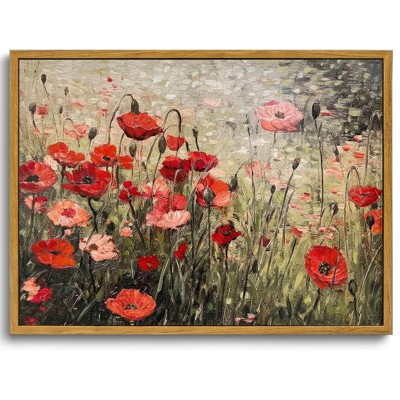 BRINJOY Framed Vintage Floral Landscape Canvas Art - Poppy Field Oil Painting for French Country Farmhouse Decor