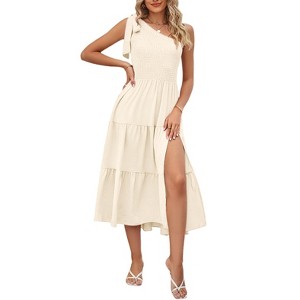 Womens Dress One Shoulder Smocked Tiered Split Hem Sleeveless Midi Dress - 1 of 4