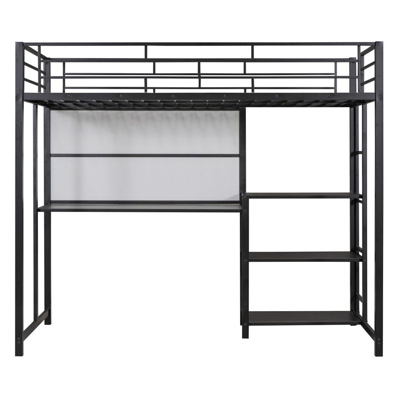 Full/Twin Size Loft Bed with Desk and Whiteboard, Metal Bed with 3 Shelves and Ladder - ModernLuxe, 5 of 13
