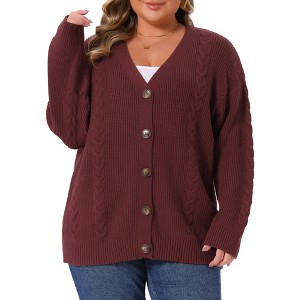 Women's Plus Size Button Down V Neck Long Sleeve Solid Casual Knit Cardigan - Agnes Orinda - 1 of 4