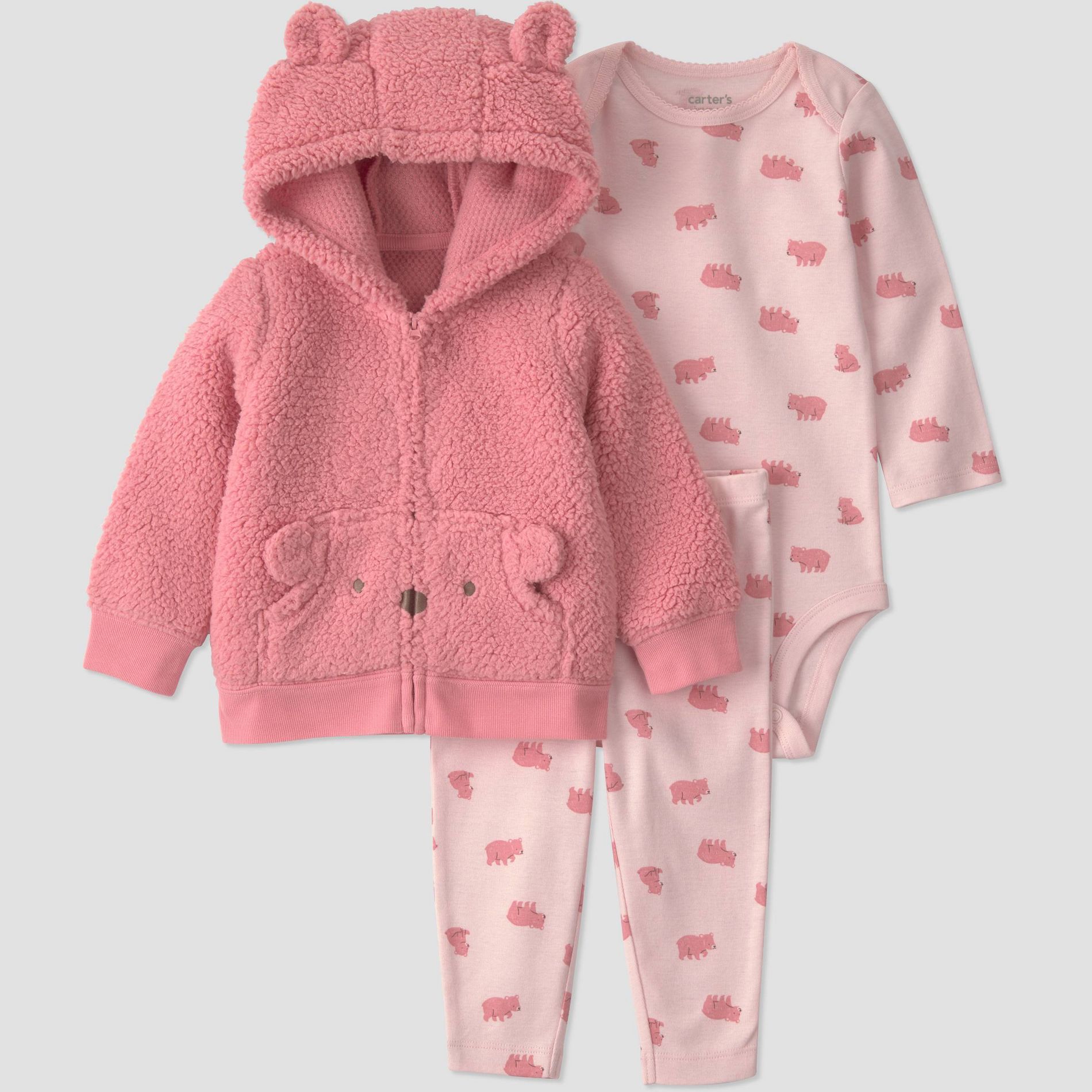 Carter's Just One You® Baby Girls' 3pc Long Sleeve Bodysuit, Pants and Bear Hoodie Set - Pink Bear