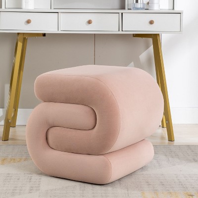 Ottoman with Storage Vanity Stool for Makeup Room, Round Footrest Storage  Ottoman Teddy Upholstered Foot Rest, Makeup Footstool, for Living Room  Dresser Kitchen Bedroom Dining Room, Pink 