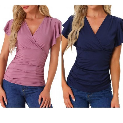 INSPIRE CHIC Women's Summer V Neck Ruffle Sleeve Casual Faux Wrap Blouse 2 Packs