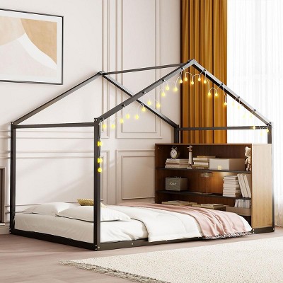 Streamdale Full Size Metal Bed House Bed Frame with Shelves and Lights, Black