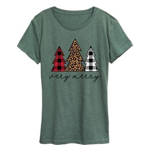 Women's - Instant Message - Very Merry Plaid Leopard Trees Short Sleeve Graphic T-Shirt - 1 of 4
