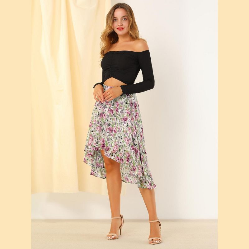 Allegra K Women's High Low Hem Elastic Waist Lurex Chiffon A-Line Midi Floral Skirt, 3 of 6