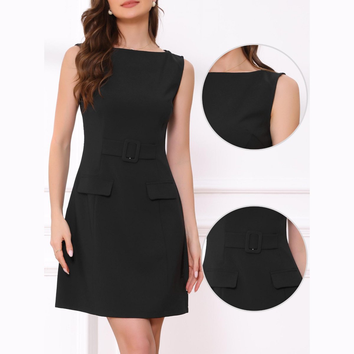 Женские платья INSPIRE CHIC Women's Boat Neck Sleeveless Belt Decor Business Work Casual Pencil Dresses Medium Black — фото 2