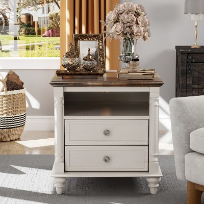 24" Farmhouse Nightstand wtih Charging Station, Square End Table Side Table with 4 Solid Wood Feet &  2 Drawers for Living Room, Bedroom