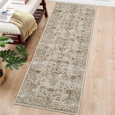 Washable Hallway Runner Rug, Ultra-Thin Non-Slip Low-Pile Vintage Indoor Carpet for Kitchen, Laundry, Bedside Accent