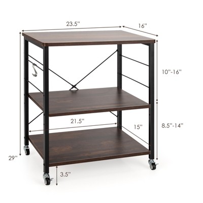 Nut Brown 3-Tier Kitchen Cart with Hooks and Wheels