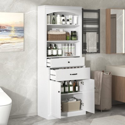 Chic Crate-White Bathroom Storage Cabinet – 2 Doors & Drawers w/ Adj. Shelf + 3 Open Shelves | Durable MDF