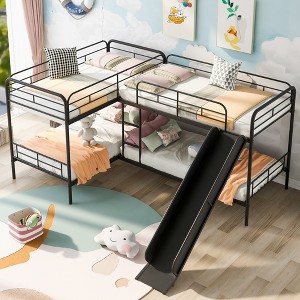 Twin Over Twin Size Bunk Bed, L-Shaped Double Bunk Bed Frame with Slide, Full-Length Guardrails and Ladder, Black -ModernLuxe - 1 of 4