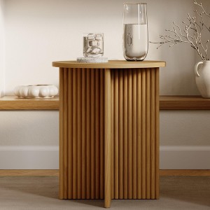 Stead Round Fluted Accent Table - Modern Home Small Round End Table with Solid Wood X-Base and Wood Veneer Top (Medium Oak) - 1 of 4
