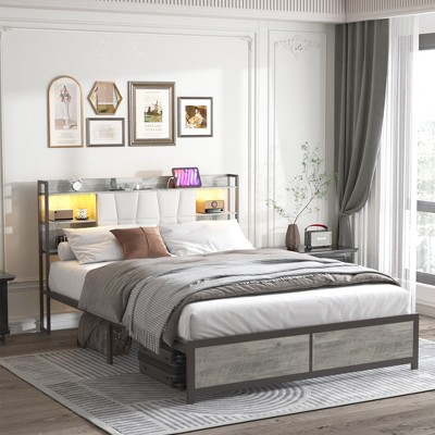 DOMETOUR Queen Bed Frame w/LED, Outlet, Upholstered Headboard, Storage, Sturdy Metal Slats, No Box Spring, Easy Assembly, Noise-Free